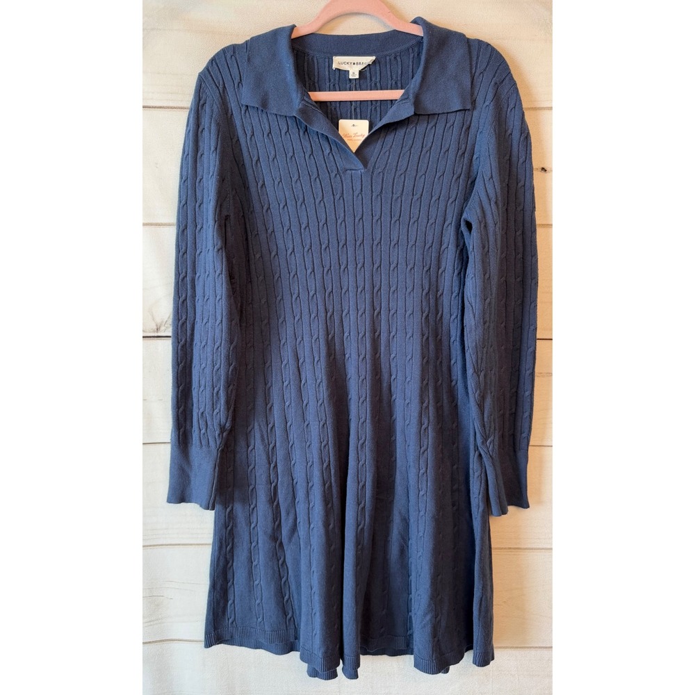 Lucky Brand Womens Cable Knit Sweater Dress Blue Polo Collar XL YF5S52399R
